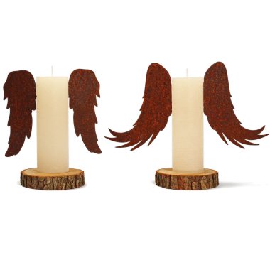 2x Kerzen Engel - Stumpenkerzen & Flügel aus Edelrost & Rindenscheiben - Höhe ca. 22cm