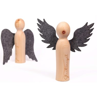 Zirben Engel - Glücksengel aus Zirbenholz mit Filz-Flügel - H20cm (Flügel nach oben)