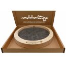 Würfelteller XL aus Zirbenholz rund - Handgefertigt in Tirol - Massives Zirben-Würfelbrett mit Filzeinlage & Würfelnut, inkl. 5 Würfel